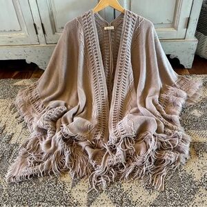 New Bohemian Knit Grey Fringe Poncho Ruana Cardigan Sweater Hippie Top